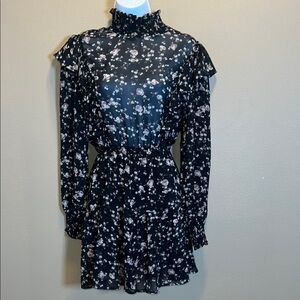 70/21 Black Floral Mock Neck Mini Dress Sheer Long Bishop Sleeve Ruffle Small S⁠
